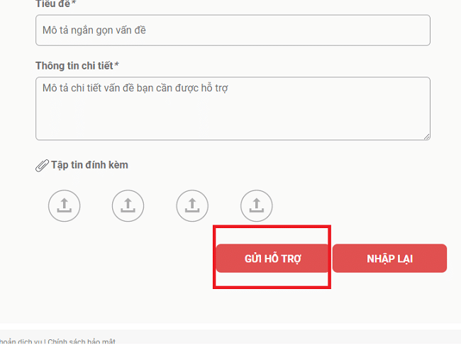 Thêm hình ảnh và chọn gửi hỗ trợ