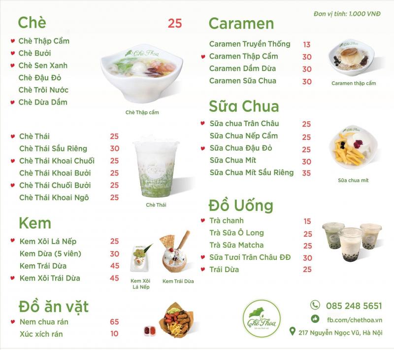 Menu chè Thoa
