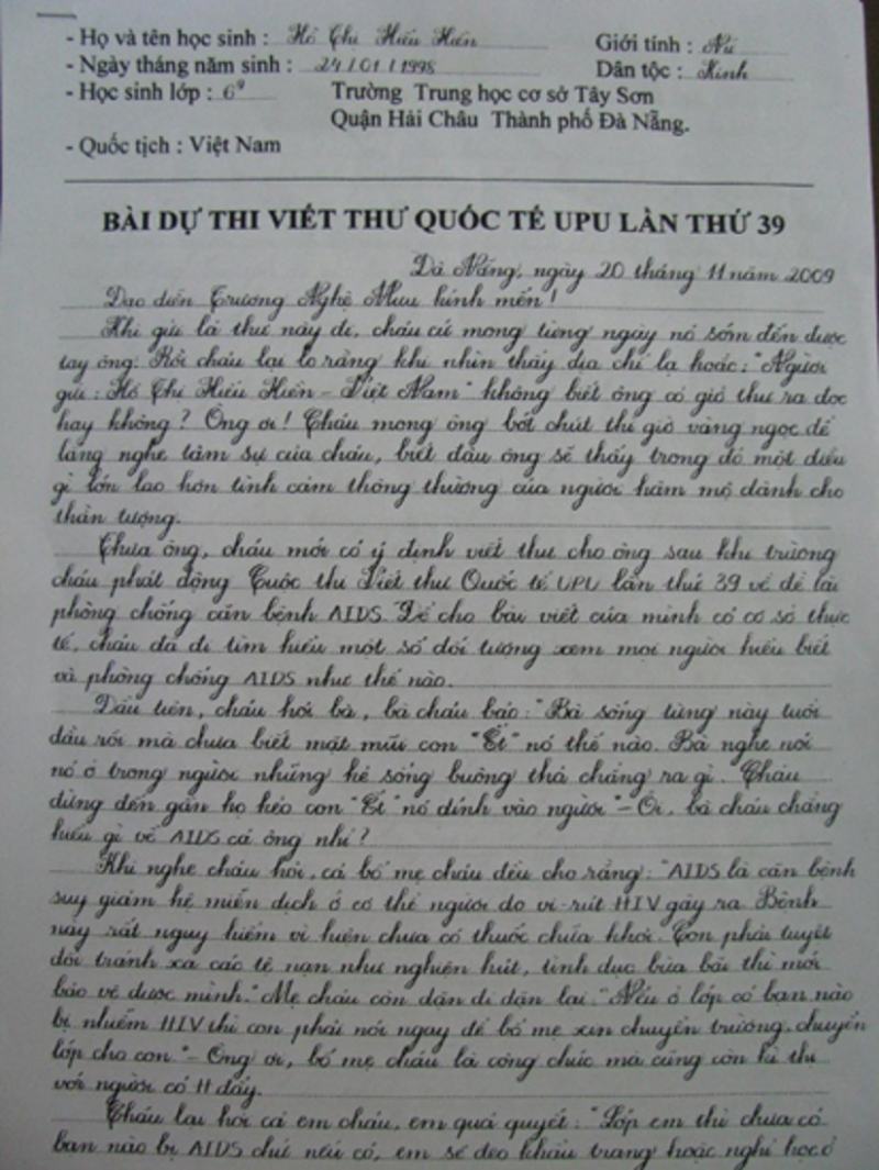 Bức thư đạt giải Nhất của Hồ Thị Hiếu Hiền