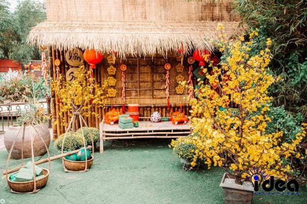 Trang trí tết cho cửa hàng với chậu hoa mai, hoa đào